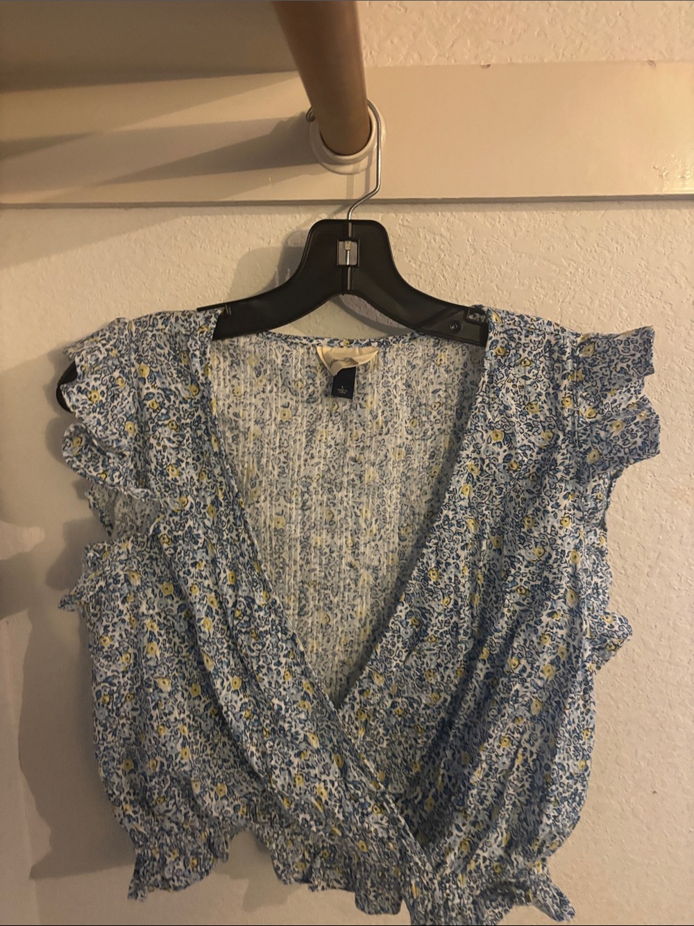 Universal Thread Light Blue Floral Wrap Blouse with Yellow Accents